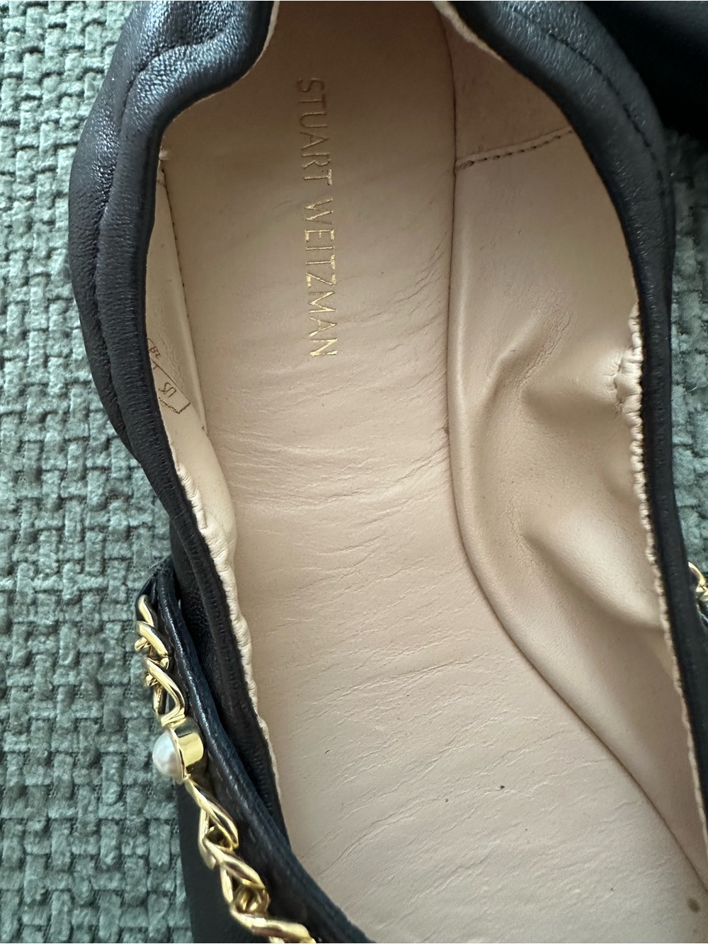 Stuart Weitzman Black Leather Ballet Flat with Gold Chain